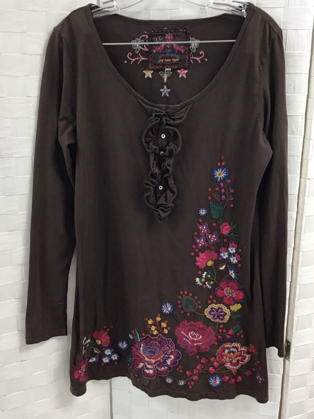 Embroidered Brown Floral Long-Sleeve Women's Top
